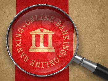 Magnifying Glass with Online Banking Icon on Old Paper with Red Vertical Line Background. Business Concept.
