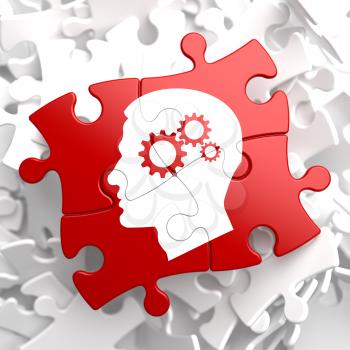 Psychological Concept - Profile of Head with Cogwheel Gear Mechanism Located on Red Puzzle.