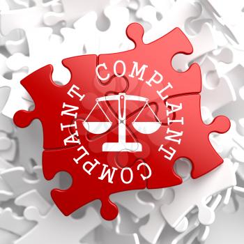 Complaint Word Written Arround Icon of Scales in Balance, Located on Red Puzzle. Business Concept.