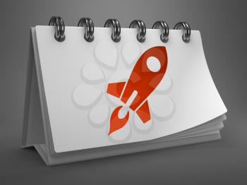 Red Icon of Go Up Rocket on White Desktop Calendar Isolated on Gray Background.