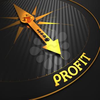 Profit - Business Concept. Golden Compass Needle on a Black Field Pointing to the Word Profit.