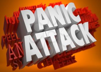 Pannic Attack - the Words in White Color on Cloud of Red Words on Orange Background.