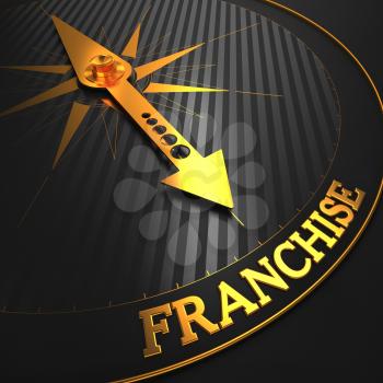 Franchise - Business Concept. Golden Compass Needle on a Black Field Pointing to the Word Franchise. 3D Render.