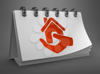 Red Home in Hand Icon on White Desktop Calendar Isolated on Gray Background.