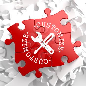 Customize Written Arround Icon of Crossed Screwdriver and Wrench on Red Puzzle. Service Concept.