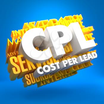 CPL - Cost per Lead. The Words in White Color on Cloud of Yellow Words on Blue Background.