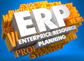 ERP - Enterprise Resource Planning. The Word in White Color on Cloud of Yellow Words on Blue Background.