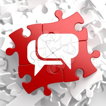 White Speech Bubble Icon on Red Puzzle. Communication Concept.
