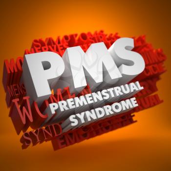 PMS - Premenstrual Syndrome - the Words in White Color on Cloud of Red Words on Orange Background.