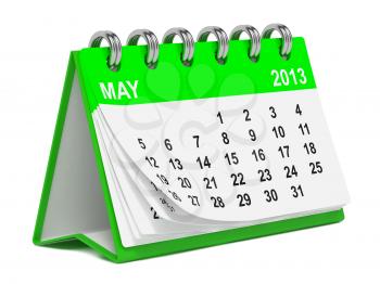 Green Desktop Calendar on May 2013. Isolated on White Background.