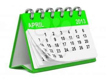 Green Desktop Calendar on April 2013. Isolated on White Background.