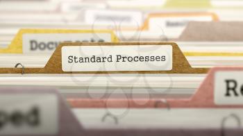 Standard Processes Concept on File Label in Multicolor Card Index. Closeup View. Selective Focus. 3D Render. 