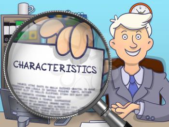 Business Man in Office Workplace Holds Out a Paper with Concept Characteristics. Closeup View through Magnifying Glass. Multicolor Doodle Illustration.