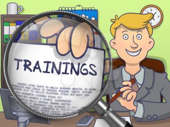 Trainings on Paper in Business Man's Hand to Illustrate a Business Concept. Closeup View through Magnifying Glass. Multicolor Doodle Illustration.