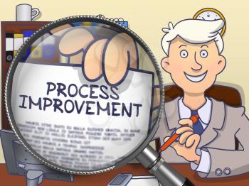 Process Improvement. Successful Business Man Sitting in Office and Holding a Text on Paper through Lens. Colored Doodle Illustration.
