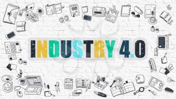 Industry 4.0 - Multicolor Concept with Doodle Icons Around on White Brick Wall Background. Modern Illustration with Elements of Doodle Design Style.
