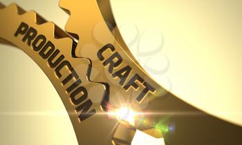 Craft Production Golden Cog Gears. Craft Production on Golden Metallic Gears. Craft Production on the Mechanism of Golden Cogwheels with Lens Flare. 3D Render.