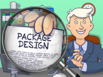 Package Design on Paper in Businessman's Hand through Magnifying Glass to Illustrate a Business Concept. Colored Modern Line Illustration in Doodle Style.