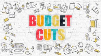Budget Cuts Concept. Modern Line Style Illustration. Multicolor Budget Cuts Drawn on White Brick Wall. Doodle Icons. Doodle Design Style of  Budget Cuts Concept.
