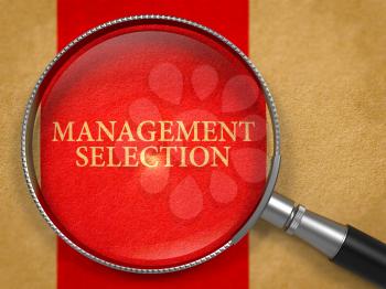 Management Selection Concept through Magnifier on Old Paper with Red Vertical Line Background. 3D Render.