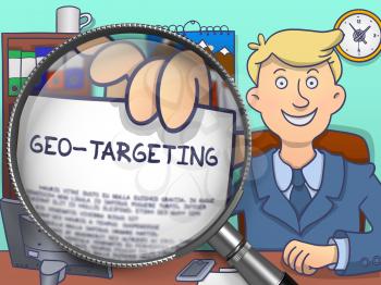 Geo-Targeting. Business Man in Office Holds Out a through Lens Text on Paper. Multicolor Modern Line Illustration in Doodle Style.