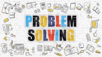 Problem Solving - Multicolor Concept with Doodle Icons Around on White Brick Wall Background. Modern Illustration with Elements of Doodle Design Style.