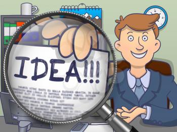 Man Showing a Paper with Text Idea. Closeup View through Lens. Colored Doodle Illustration.