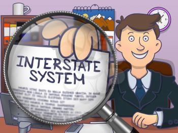 Interstate System on Paper in Business Man's Hand to Illustrate a Business Concept. Closeup View through Magnifying Glass. Multicolor Modern Line Illustration in Doodle Style.