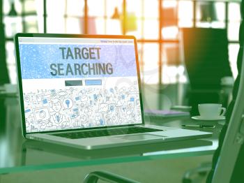 Target Searching Concept. Closeup Landing Page on Laptop Screen in Doodle Design Style. On Background of Comfortable Working Place in Modern Office. Blurred, Toned Image. 3D Render.