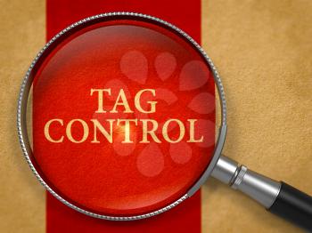Tag Control through Lens on Old Paper with Crimson Vertical Line Background. 3D Render.