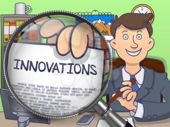 Man in Suit Looking at Camera and Showing a Concept on Paper Innovations Concept through Magnifier. Closeup View. Multicolor Doodle Style Illustration.