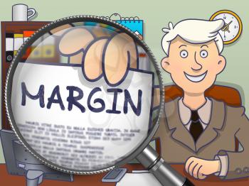 Margin. Young Businessman in Office Workplace Showing Paper with Text through Lens. Colored Modern Line Illustration in Doodle Style.