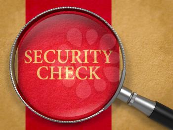 Security Check Concept through Magnifier on Old Paper with Dark Red Vertical Line Background. 3D Render.
