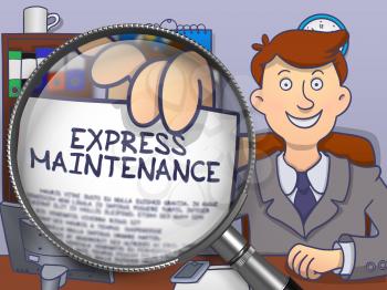 Man in Suit Looking at Camera and Holding a Paper with Text Express Maintenance Concept through Lens. Closeup View. Multicolor Modern Line Illustration in Doodle Style.
