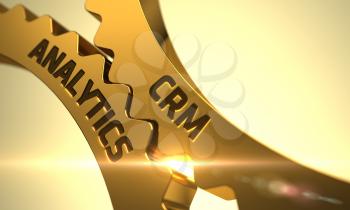CRM Analytics - Concept. CRM Analytics Golden Gears. CRM Analytics on Mechanism of Golden Cogwheels. Golden Metallic Cog Gears with CRM Analytics Concept. 3D Render.
