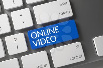 Concept of Online Video, with Online Video on Blue Enter Key on Aluminum Keyboard. Key Online Video on Aluminum Keyboard. Online Video CloseUp of Slim Aluminum Keyboard on Laptop. 3D.