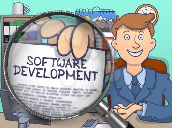 Officeman in Office Workplace Showing a Paper with Text Software Development. Closeup View through Magnifier. Colored Doodle Illustration.