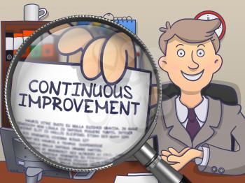 Continuous Improvement through Lens. Businessman Showing a Paper with Concept. Closeup View. Multicolor Doodle Illustration.