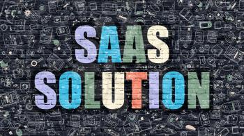 SAAS Solution Concept. Modern Illustration. Multicolor SAAS Solution Drawn on Dark Brick Wall. Doodle Icons. Doodle Style of SAAS Solution Concept. SAAS Solution on Wall.