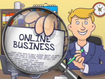 Online Business. Officeman Showing Text on Paper through Magnifier. Colored Modern Line Illustration in Doodle Style.