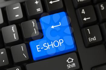 E-shop Concept: Modern Laptop Keyboard with E-shop, Selected Focus on Blue Enter Button. E-shop Close Up of Black Keyboard on a Modern Laptop. 3D Render.