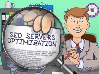 SEO Servers Optimization on Paper in Man's Hand through Magnifying Glass to Illustrate a Business Concept. Multicolor Modern Line Illustration in Doodle Style.