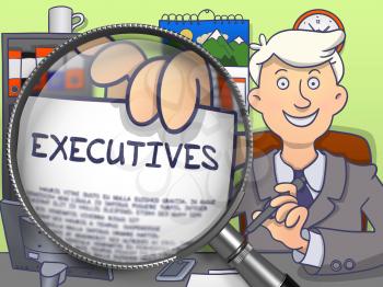 Business Man Showing Text on Paper Executives. Closeup View through Magnifier. Multicolor Doodle Illustration.