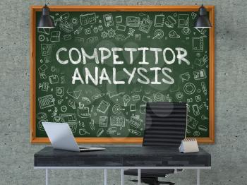 Competitor Analysis - Handwritten Inscription by Chalk on Green Chalkboard with Doodle Icons Around. Business Concept in the Interior of a Modern Office on the Gray Concrete Wall Background. 3D.