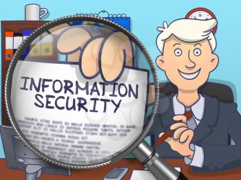 Officeman Showing a Paper with Text Information Security. Closeup View through Magnifying Glass. Multicolor Doodle Style Illustration.