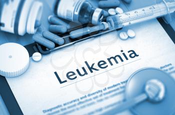 Leukemia - Medical Report with Composition of Medicaments - Pills, Injections and Syringe. Leukemia, Medical Concept with Selective Focus. Leukemia - Printed Diagnosis with Blurred Text. 3D.