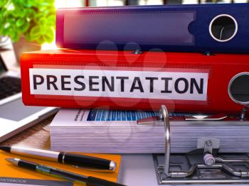 Presentation - Red Office Folder on Background of Working Table with Stationery and Laptop. Presentation Business Concept on Blurred Background. Presentation Toned Image. 3D.