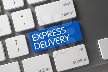 Express Delivery Written on Blue Keypad of Modern Laptop Keyboard. Express Delivery Concept: White Keyboard with Express Delivery, Selected Focus on Blue Enter Button. 3D Illustration.