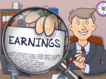 Earnings.  Businessman Welcomes in Office and Holding a Text on Paper through Magnifier. Multicolor Modern Line Illustration in Doodle Style.