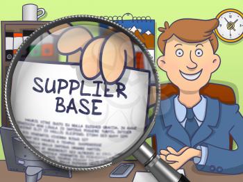 Officeman in Suit Looking at Camera and Showing a Paper with Concept Supplier Base through Lens. Closeup View. Multicolor Doodle Style Illustration.